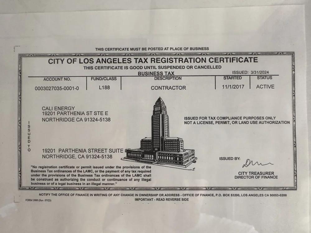 City of Los Angeles business tax registration certificate — Cali Energy, status active