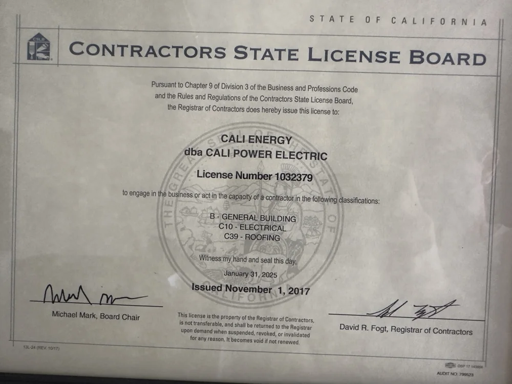 CSLB contractor license 1032379 — Cali Energy, classifications B, C-10 and C-39