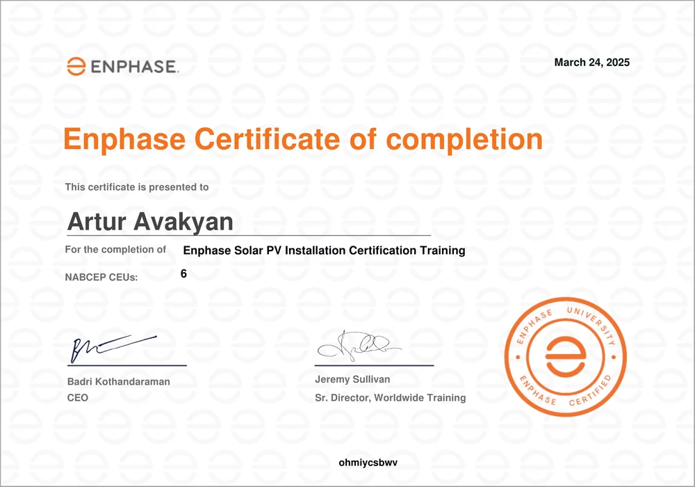 Enphase Solar PV Installation Certification Training certificate — Cali Energy