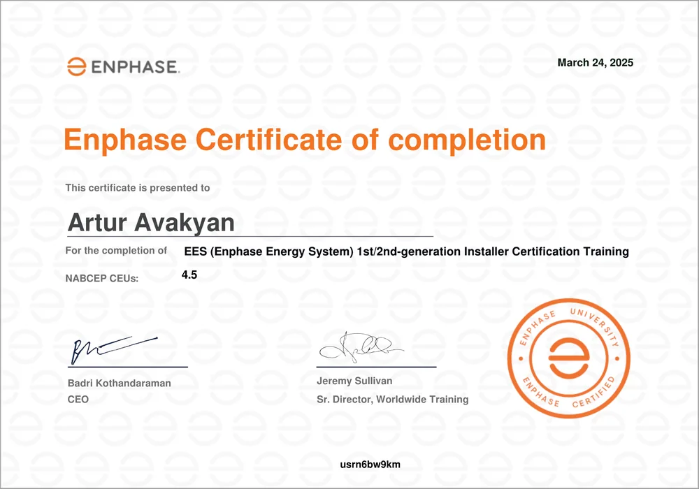 Enphase Energy System storage installer certification training certificate — Cali Energy