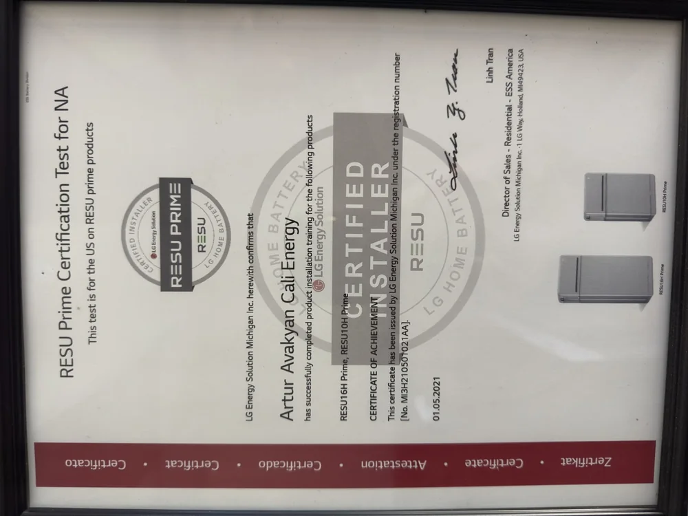 LG Energy Solution RESU Prime Certified Installer certificate — Cali Energy