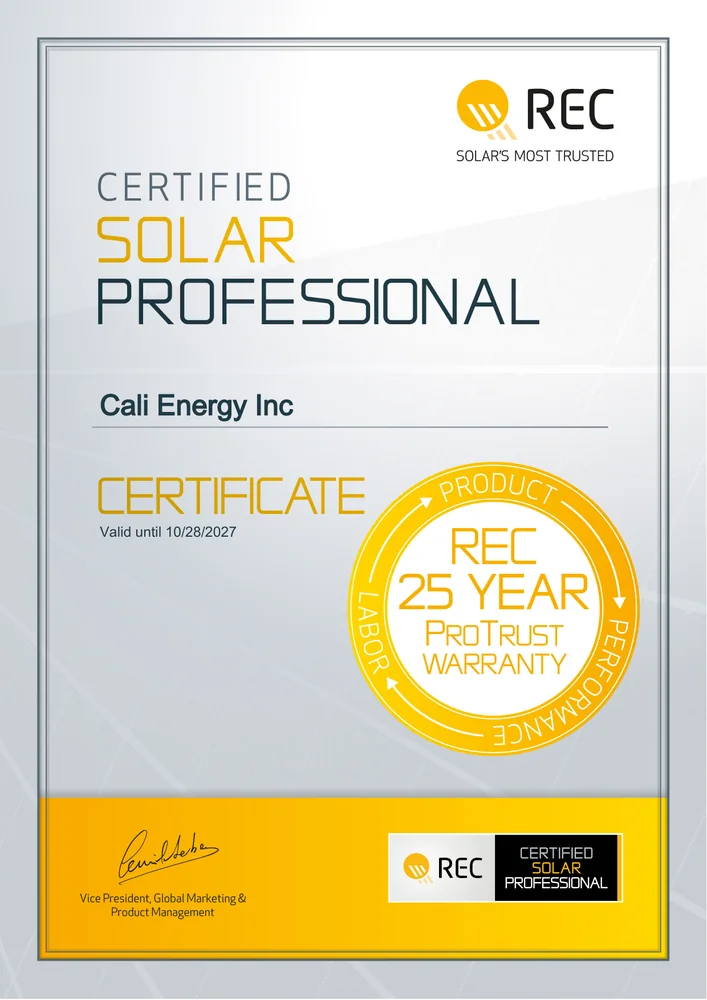 REC Certified Solar Professional certificate issued to Cali Energy Inc