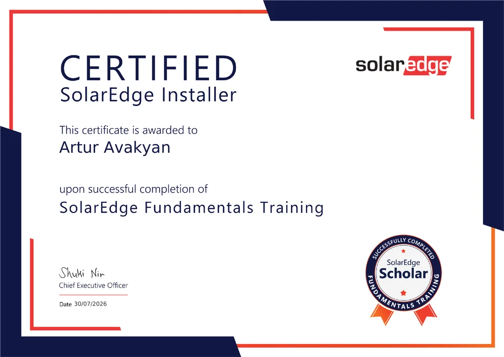 SolarEdge Certified Installer certificate — Cali Energy lead installer