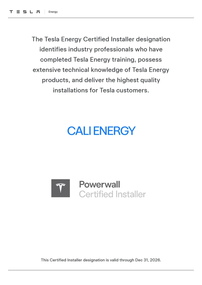 Tesla Powerwall Certified Installer certificate issued to Cali Energy