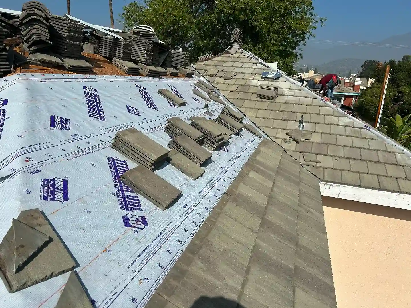 Roof teardown in progress before re-roof, Arcadia residential home