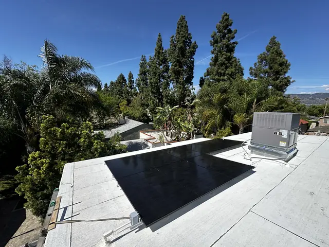 Solar panel mounting detail on a flat roof in Burbank, CA