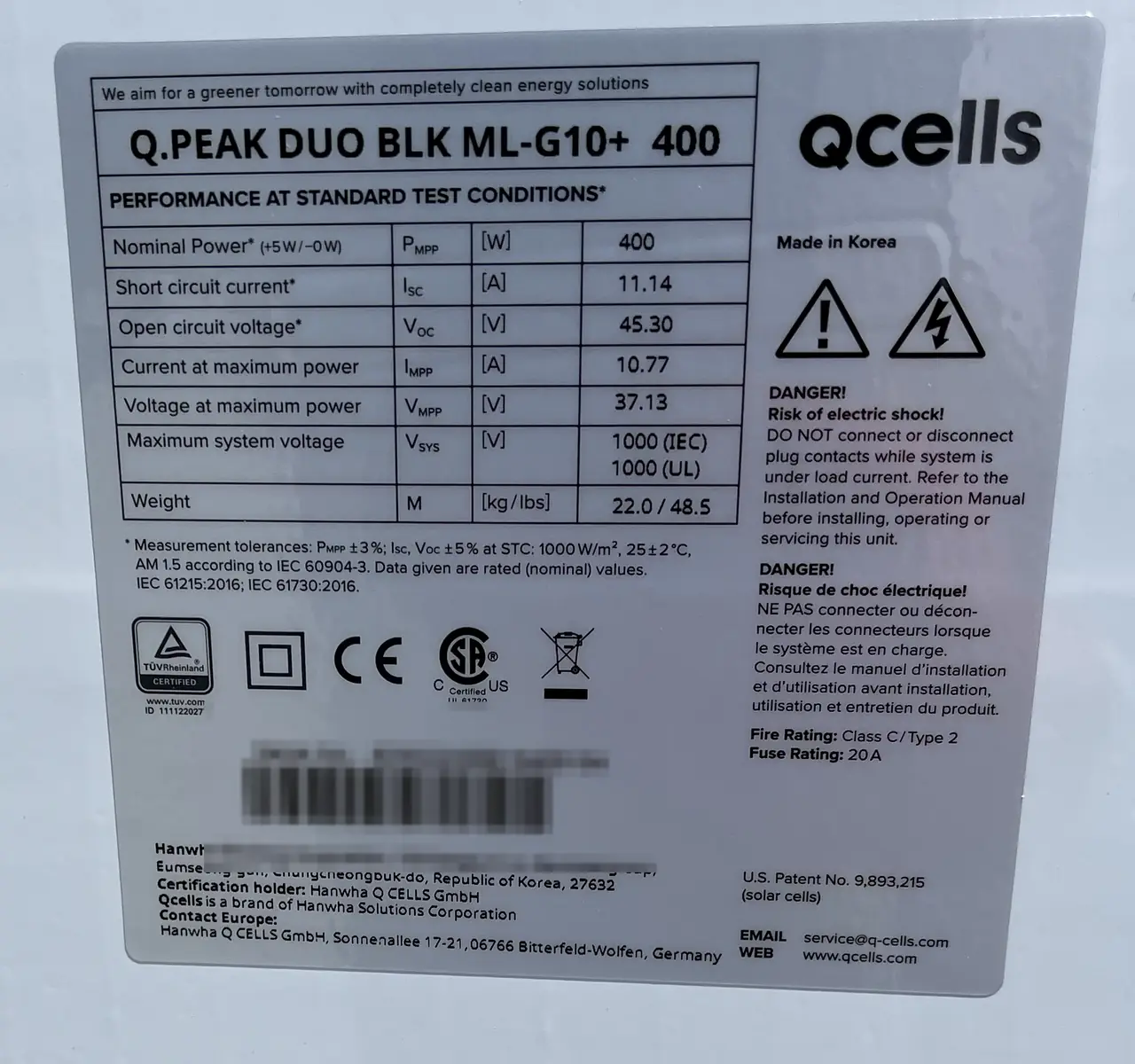 A Q Cells Q.PEAK DUO BLK ML-G10+ 400 module label on the back of a white module, Calabasas