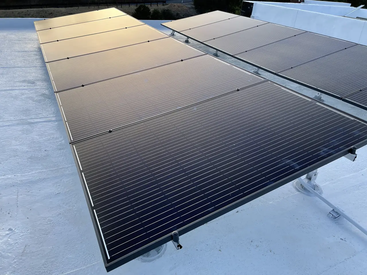 Rows of black solar modules on low legs on a white coated flat roof, Calabasas