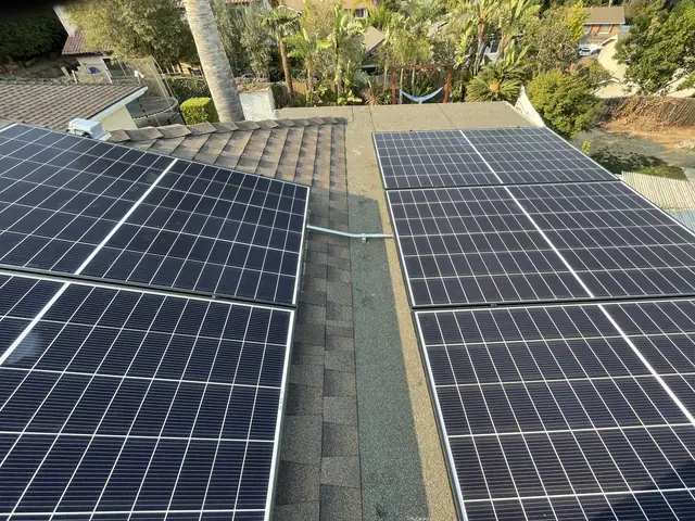 Solar panel mounting detail on a composition shingle roof in Camarillo, CA