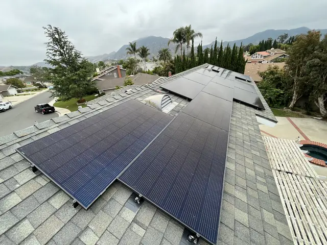 Solar panel mounting detail on a composition shingle roof in Camarillo, CA