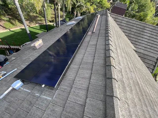 Solar panel mounting detail on a composition shingle roof in Camarillo, CA