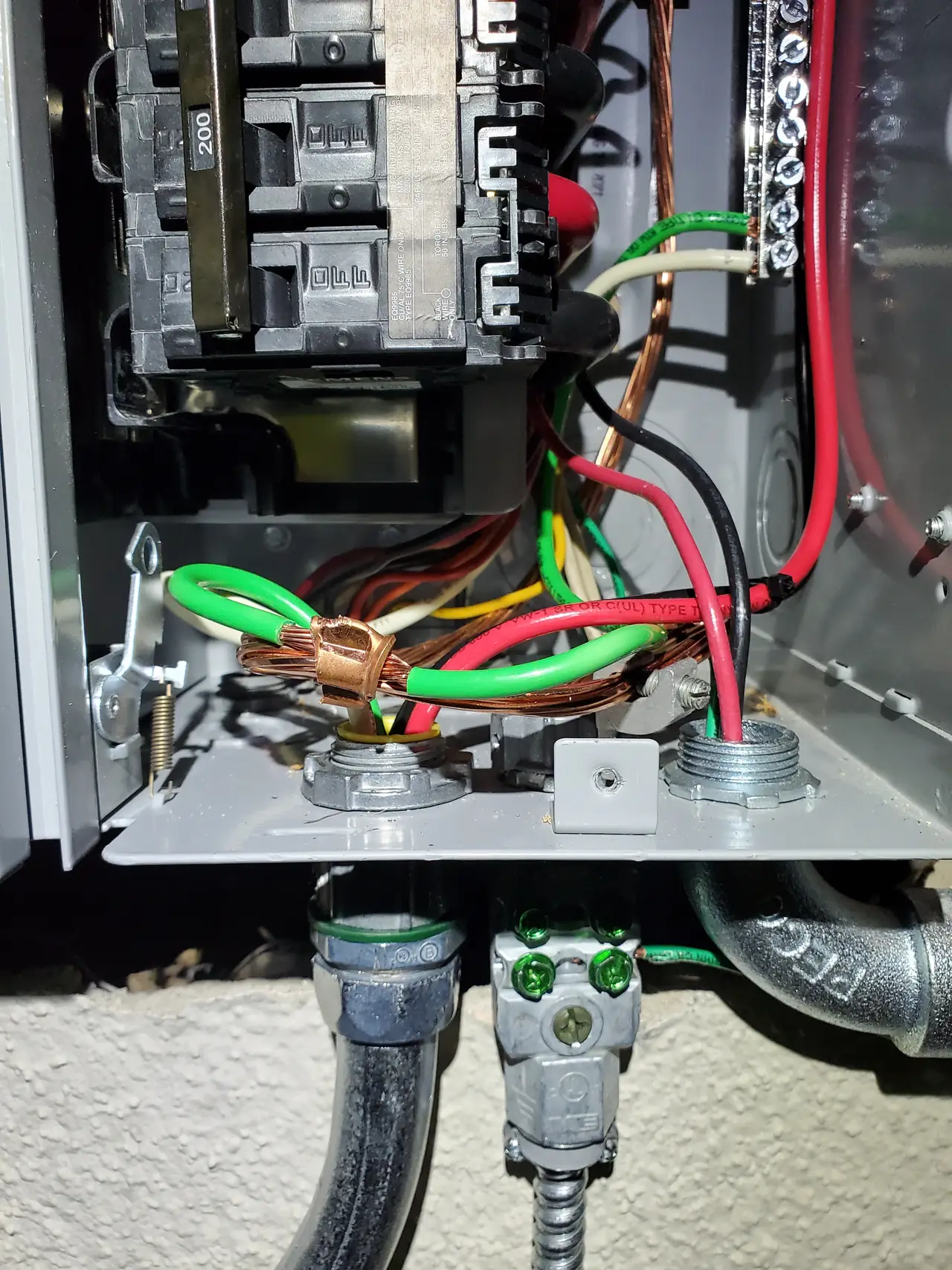New service panel interior with a 200 amp main breaker, Canoga Park