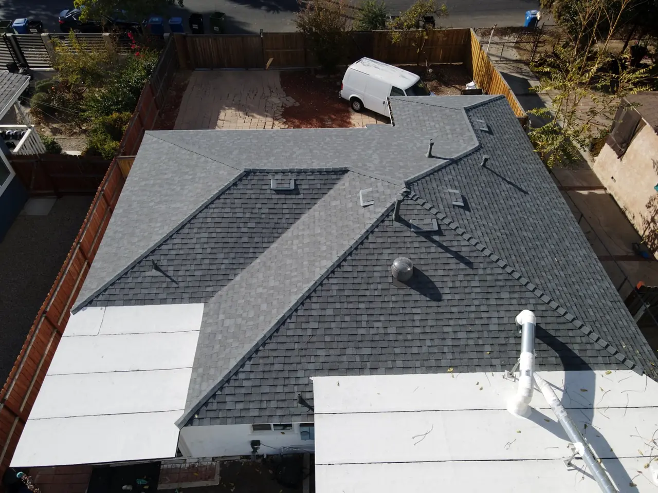 Overhead view of the roof showing hips, valleys and a low-slope section, Canoga Park