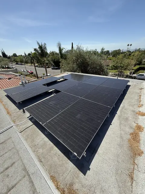 Solar panel mounting detail on a flat roof in Chatsworth, CA