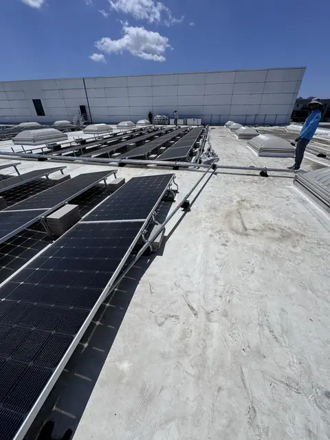 Solar panel mounting detail on a flat roof in Chatsworth, CA