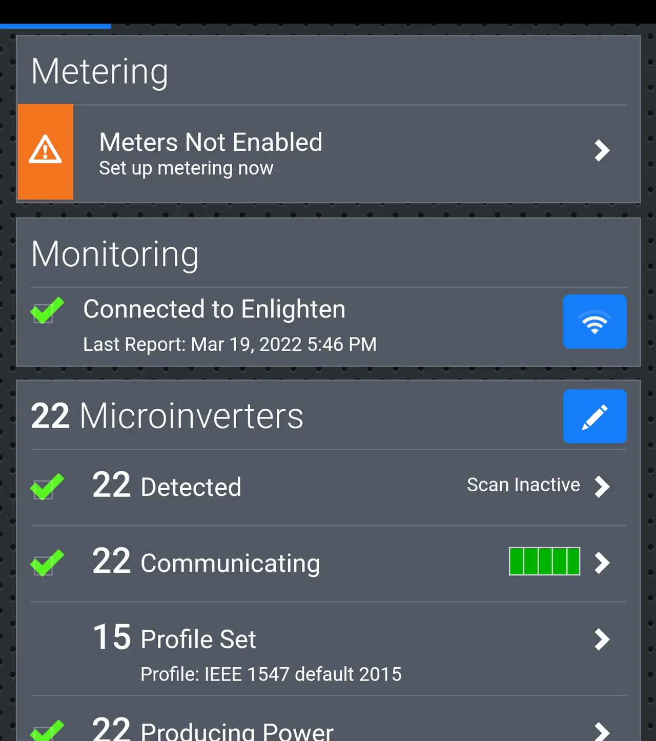 Commissioning screen showing twenty-two microinverters detected, communicating and producing power, Chatsworth