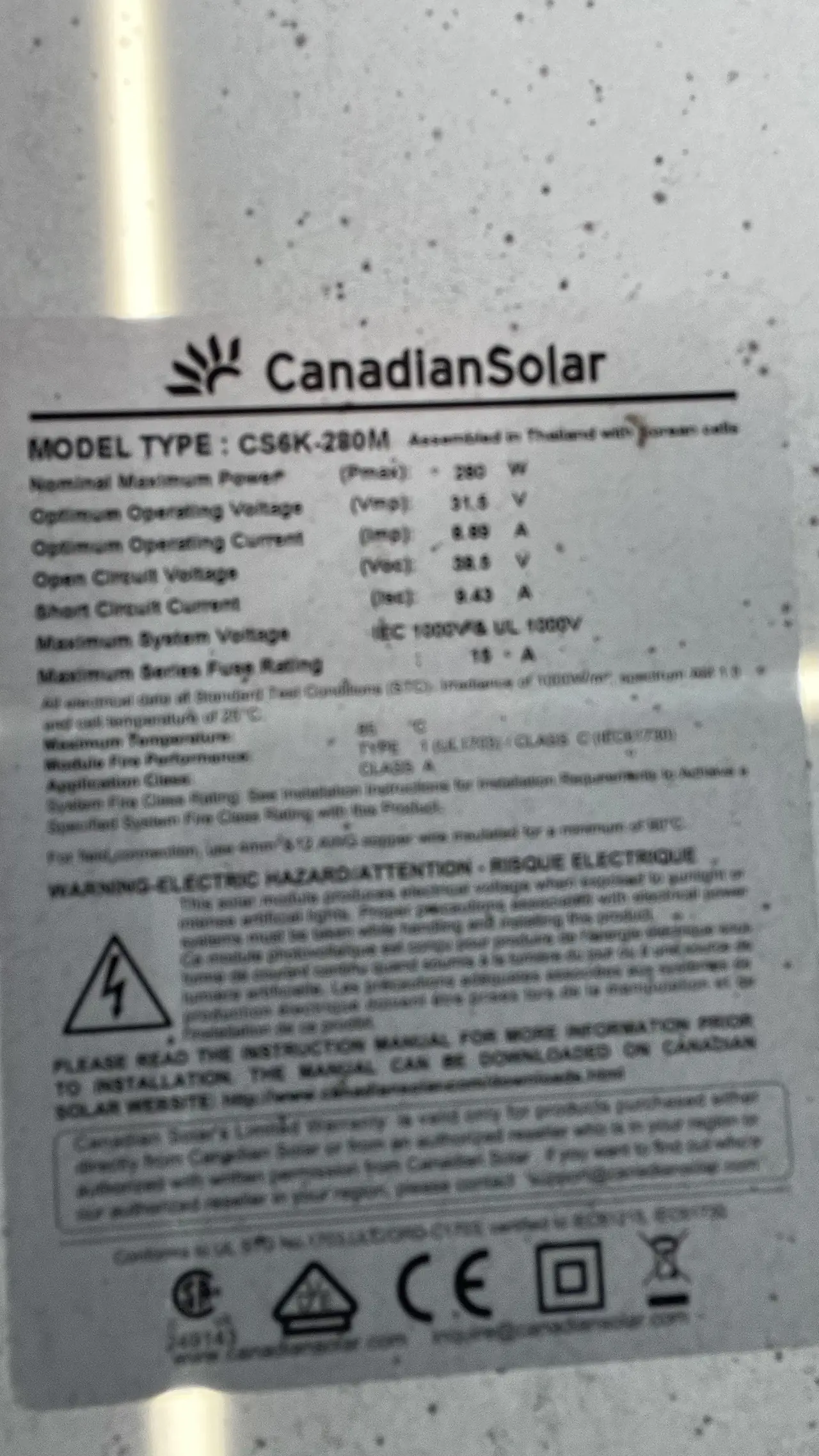 Module nameplate label on the back of a solar panel, Chatsworth
