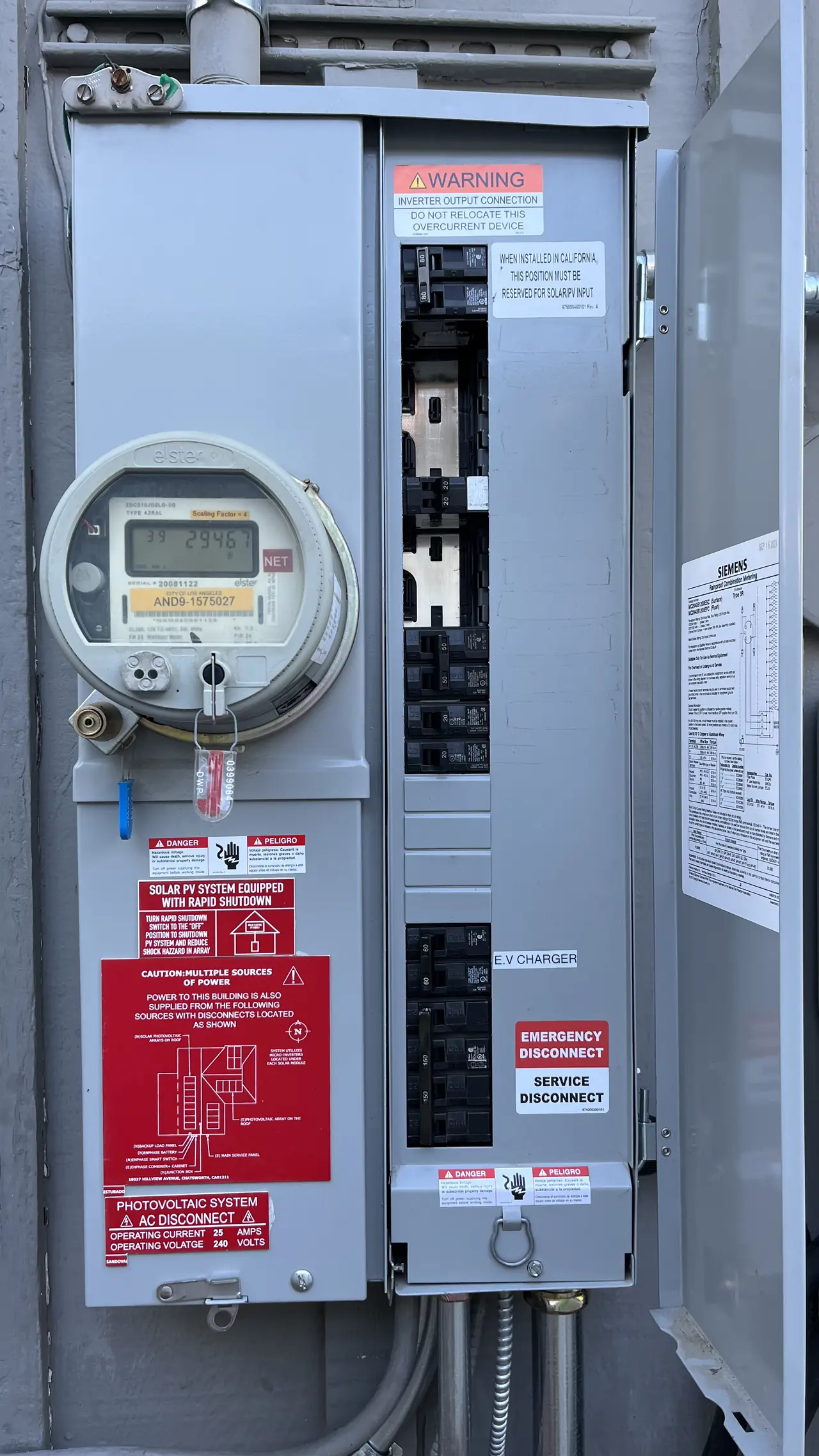 Service equipment and disconnects on an exterior wall, Chatsworth