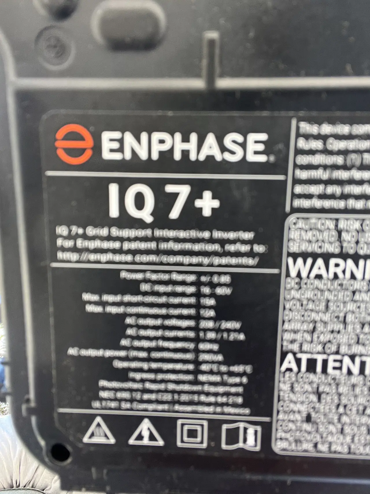 Enphase IQ7+ microinverter label, Chatsworth