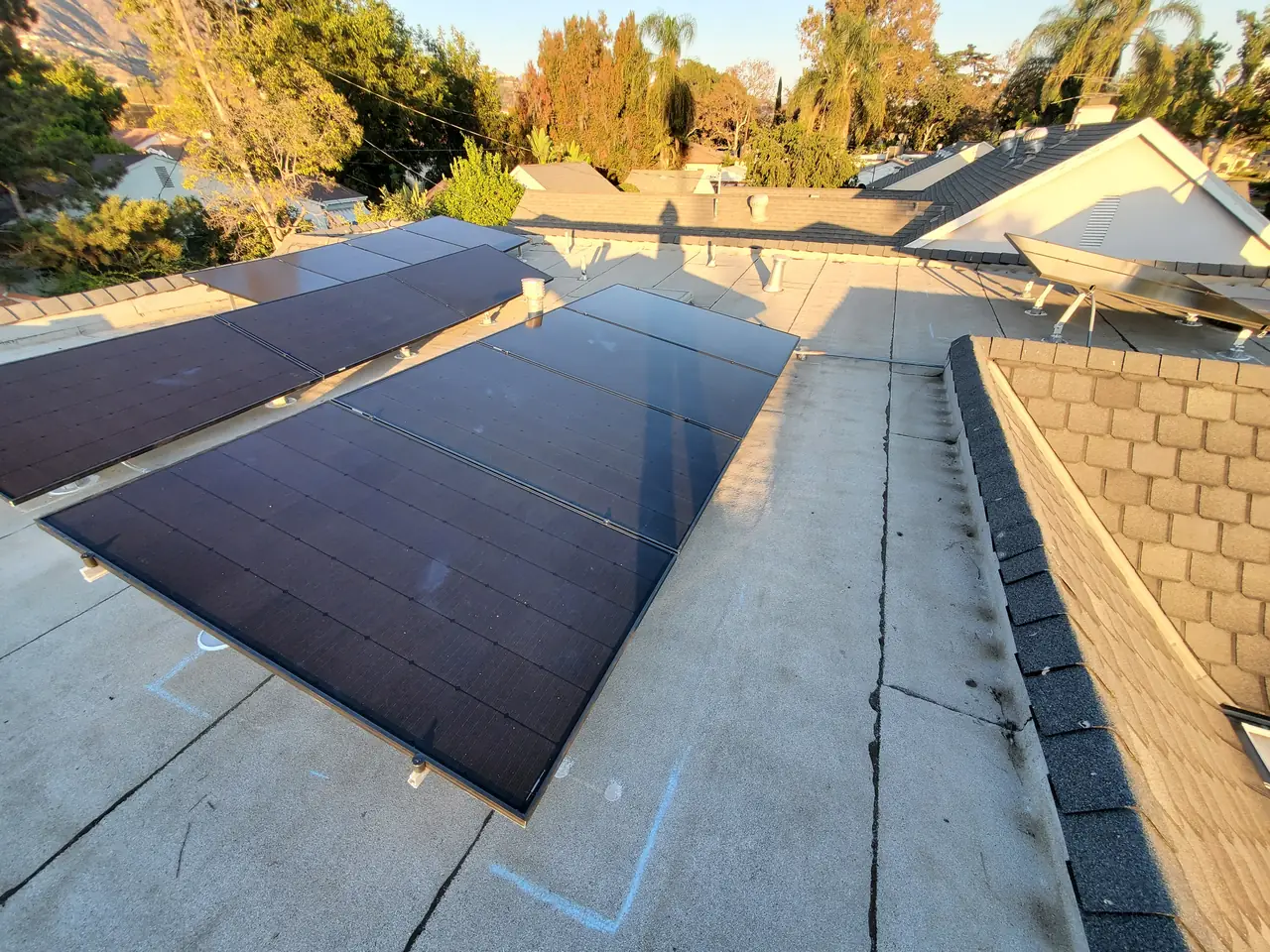 Tilt-up solar racking on a flat built-up roof in Glendale
