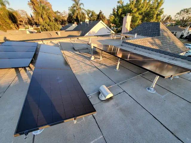 Solar panel mounting detail on a flat roof in Glendale, CA