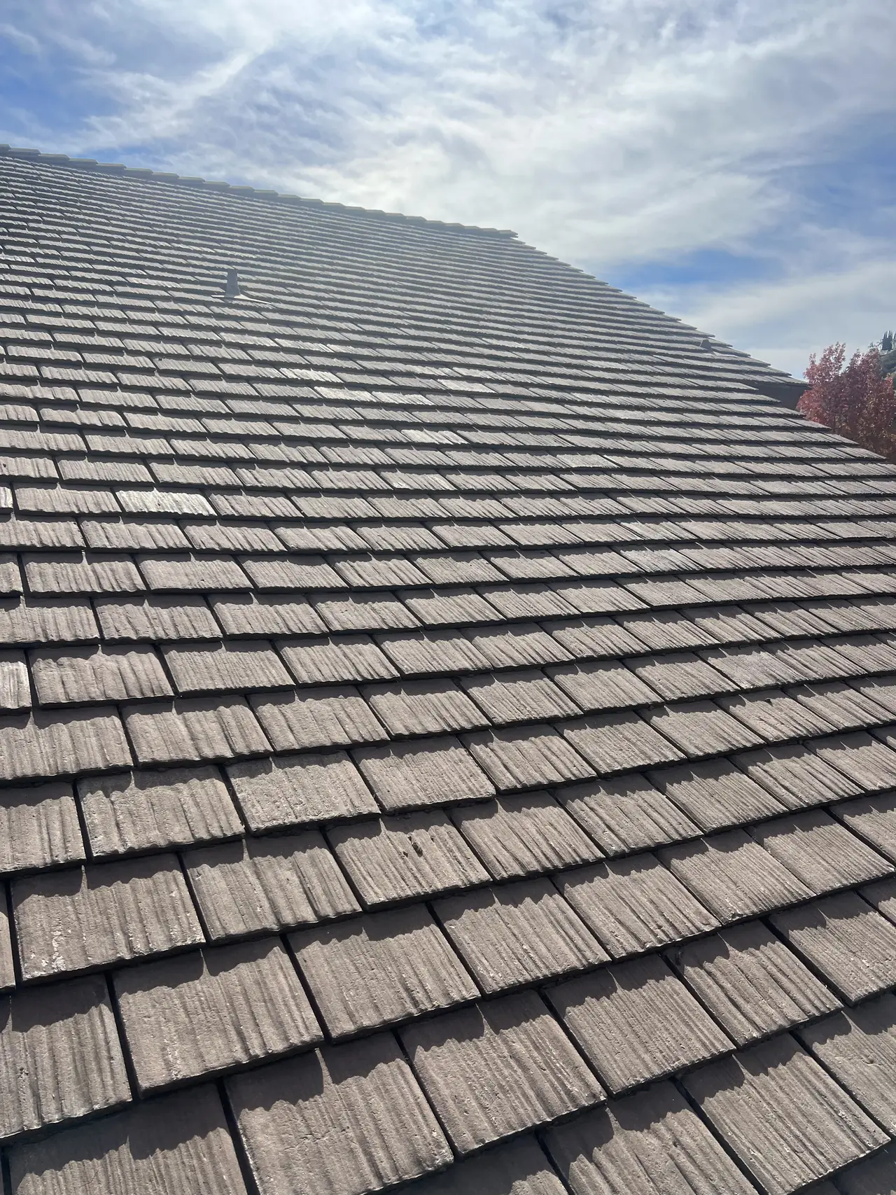 Concrete tile roof seen up the slope against a blue sky, Glendale