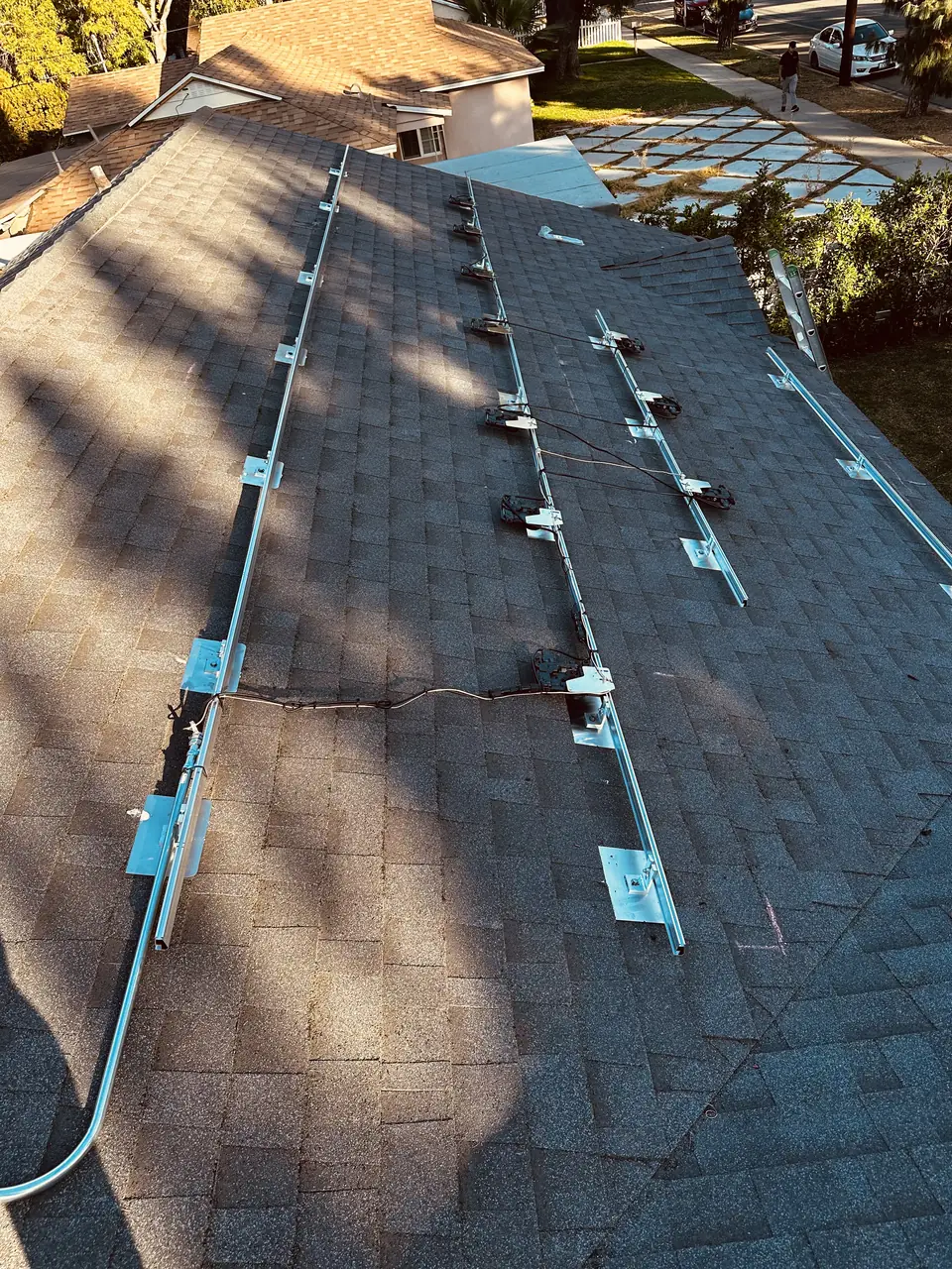 Solar panel mounting detail on a rooftop in Granada Hills, CA