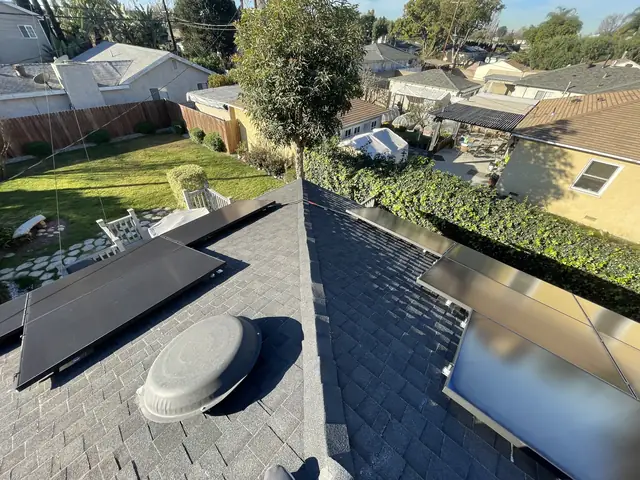 solar panel array on a composition shingle roof in Long Beach, CA