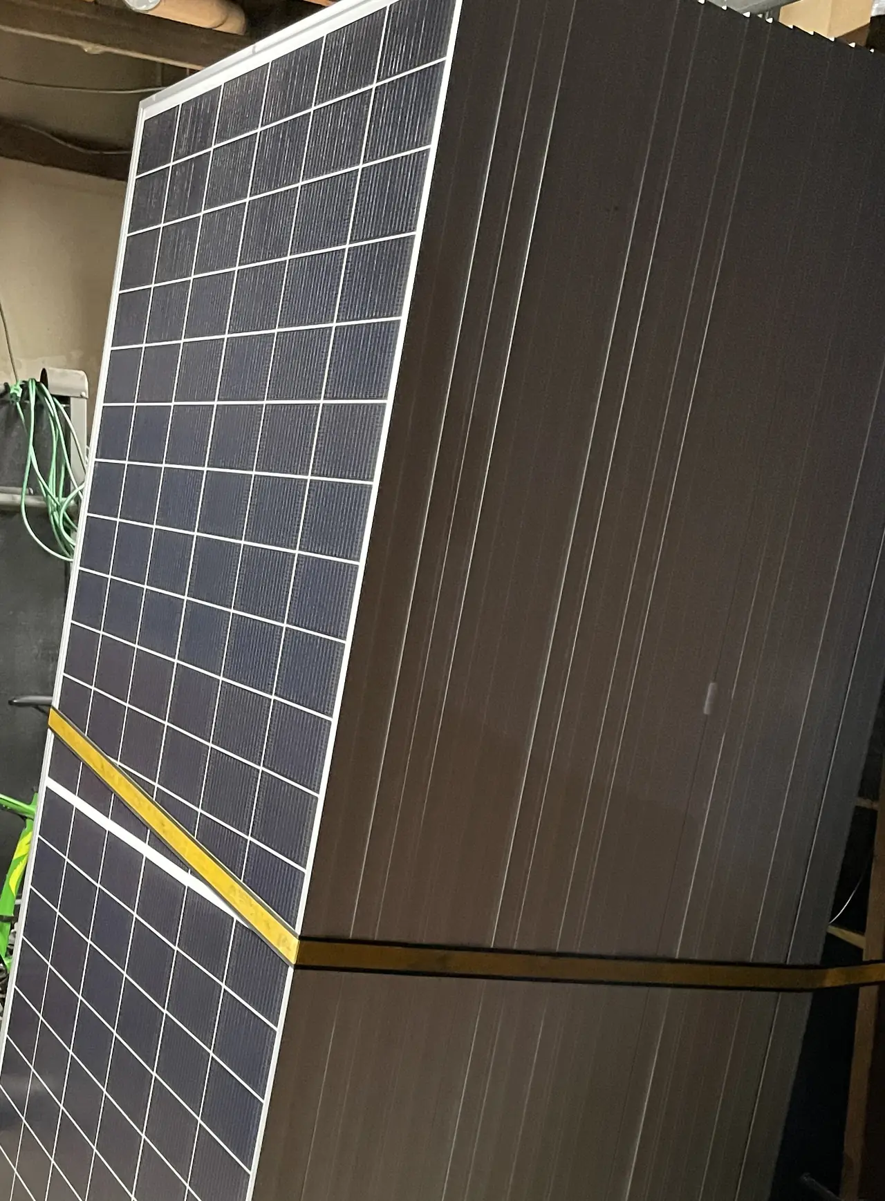 Solar modules standing on edge and strapped upright before installation, Long Beach