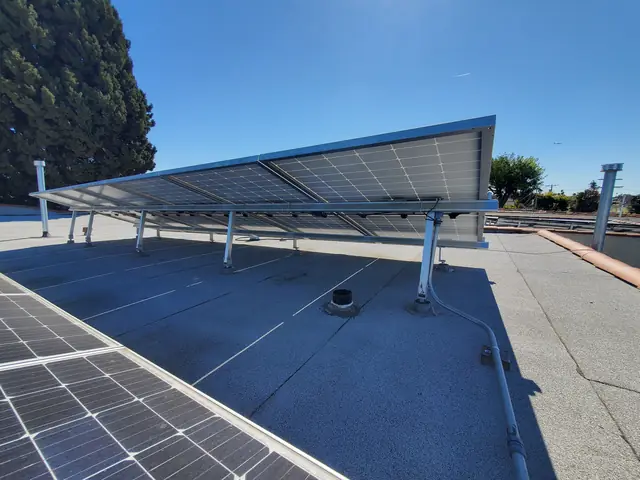 Solar panel mounting detail on a flat roof in Los Angeles, CA