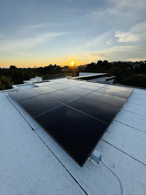 Solar panel mounting detail on a flat roof in Los Angeles, CA