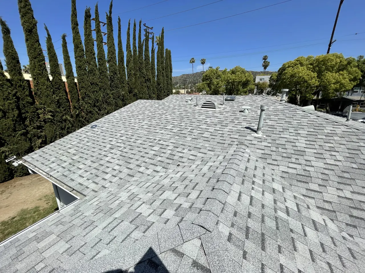 The shingle roof seen along the ridge with cypress trees behind, Eagle Rock, Los Angeles
