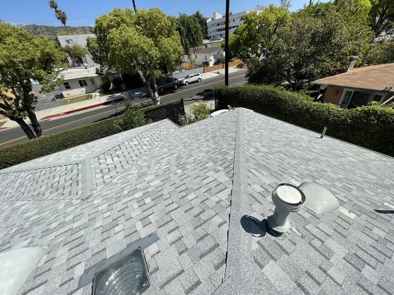 The shingle roof before the modules, looking toward the street, Eagle Rock, Los Angeles