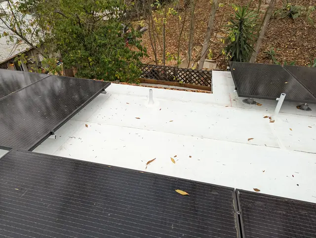 Solar panel mounting detail on a flat roof in Los Angeles, CA