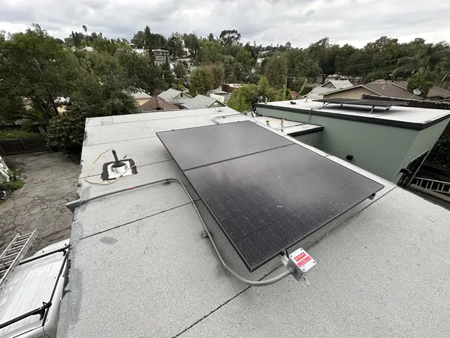 Solar panel mounting detail on a flat roof in Los Angeles, CA