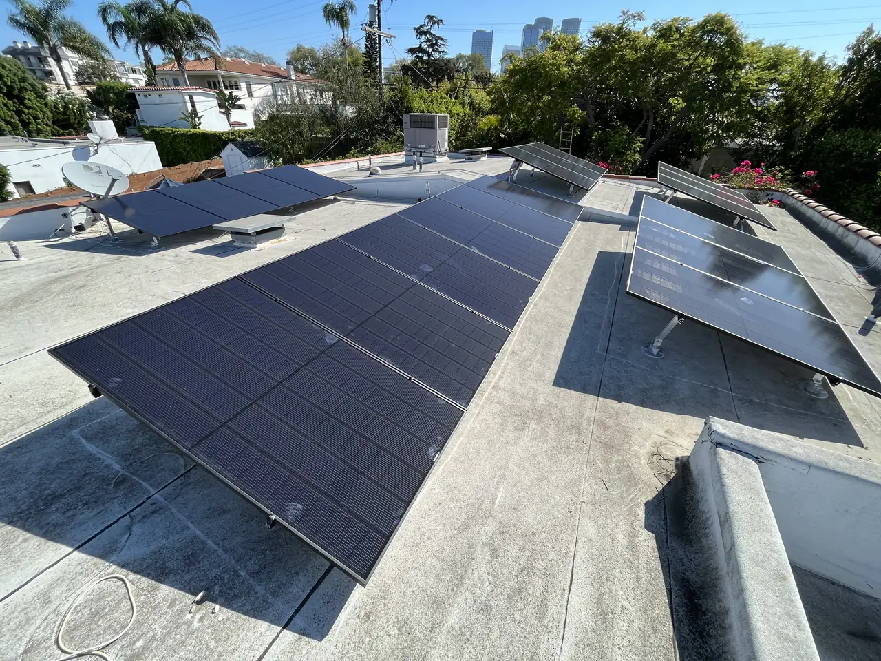 Solar panel mounting detail on a flat roof in Los Angeles, CA