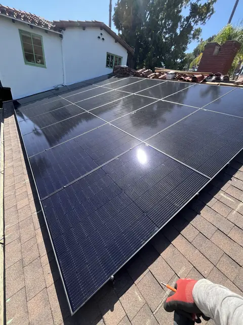 Solar panel mounting detail on a tile roof in Los Angeles, CA