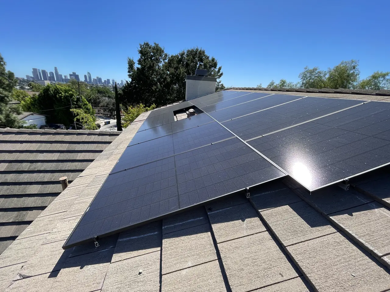7.6 kW solar panel array on a composition shingle roof in Los Angeles, CA