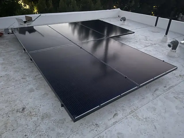 Solar panel mounting detail on a flat roof in Los Angeles, CA