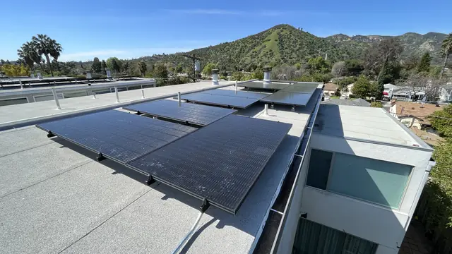 Solar panel mounting detail on a flat roof in Los Angeles, CA