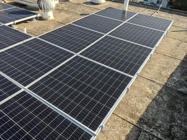 Solar panel mounting detail on a flat roof in Los Angeles, CA