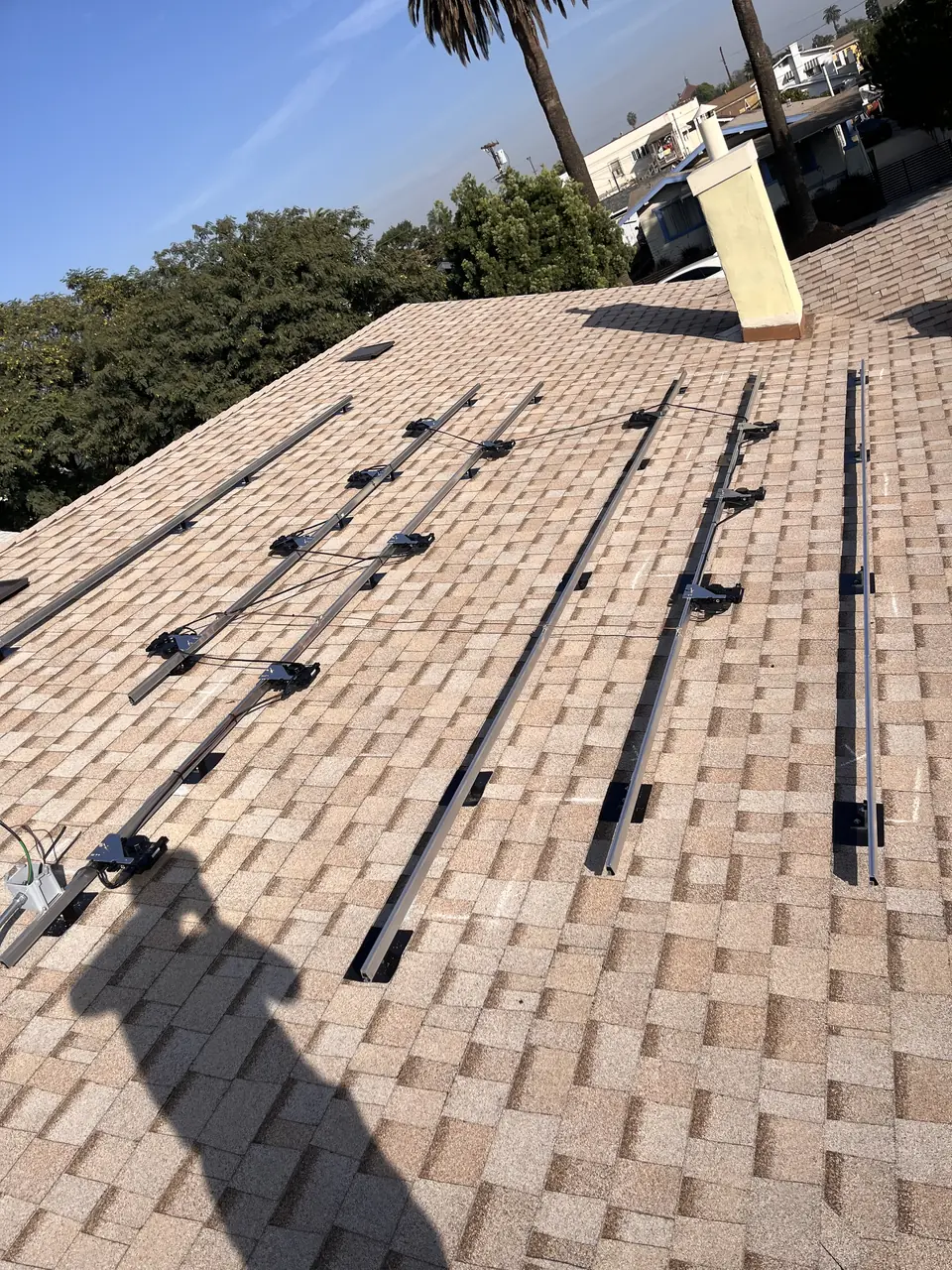 solar panel array on a composition shingle roof in Los Angeles, CA