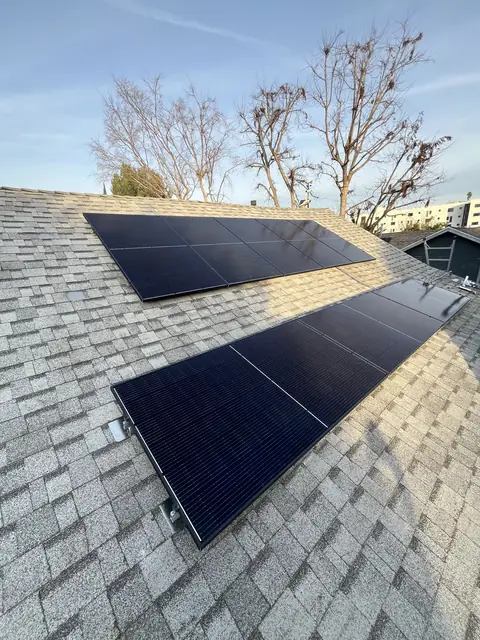 solar panel array on a composition shingle roof in Los Angeles, CA