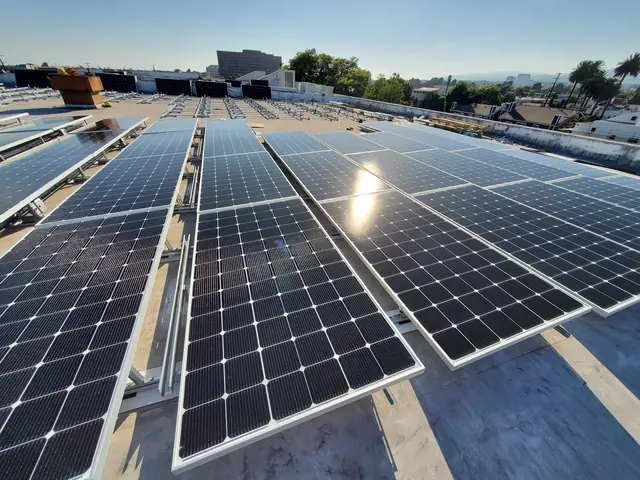 Solar panel mounting detail on a flat roof in Los Angeles, CA