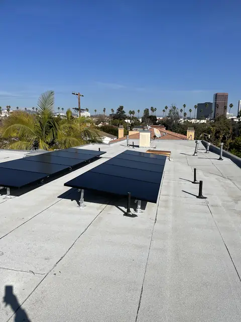 Solar panel mounting detail on a flat roof in Los Angeles, CA