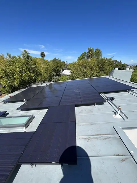 Solar panel mounting detail on a metal roof in Los Angeles, CA