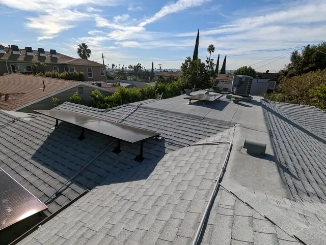 Solar modules on one plane of a hipped composition shingle roof with trees and blue sky beyond, Mid-City, Los Angeles