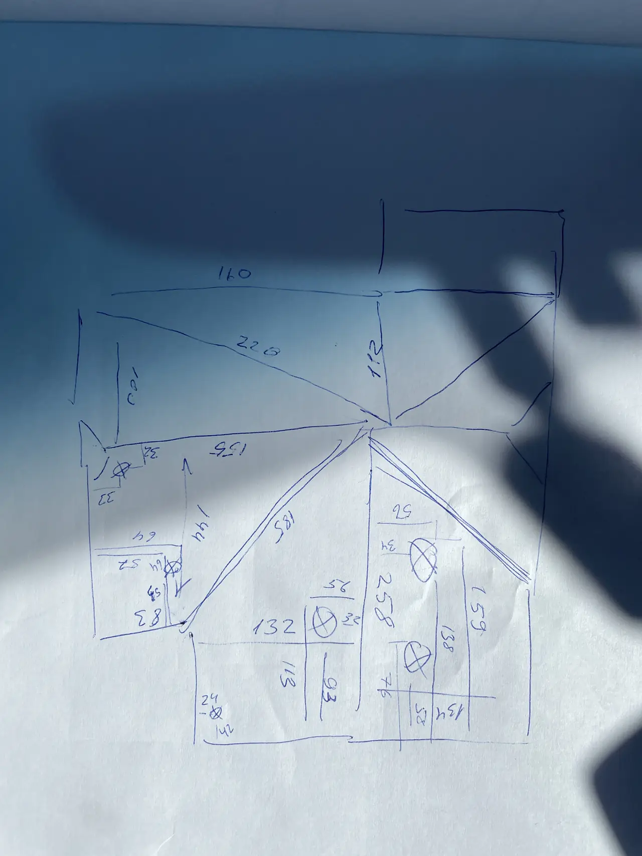 A hand-drawn roof layout with dimensions marked in pen, Lincoln Heights, Los Angeles