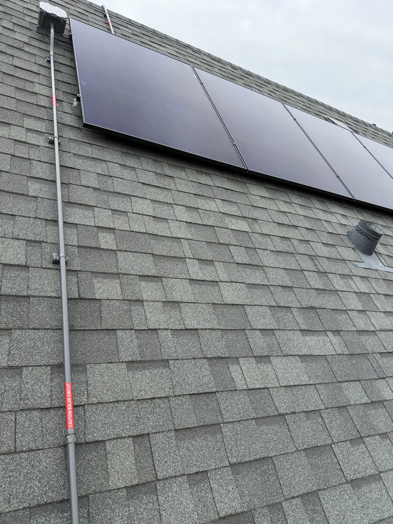 A row of solar modules low on a composition shingle slope with a conduit run beside them, Mid-City, Los Angeles