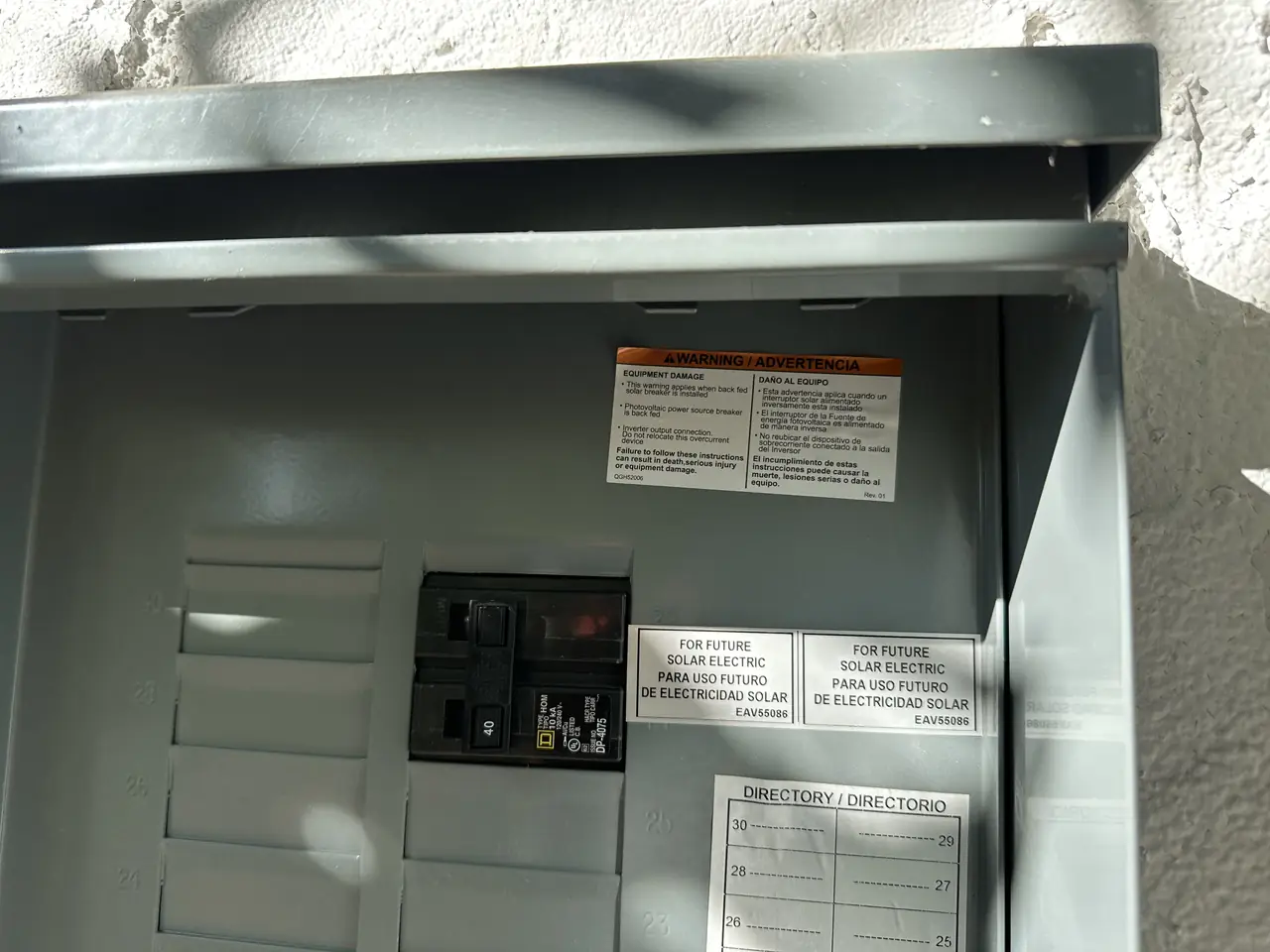 A 40-amp two-pole breaker in a service panel beside labels reading For Future Solar Electric, Mission Hills